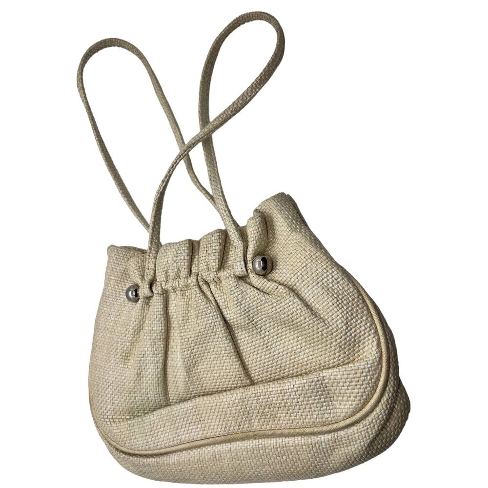Lulu Guinness London Cream Drawstring Shoulder Tote Bag Silver Hardware